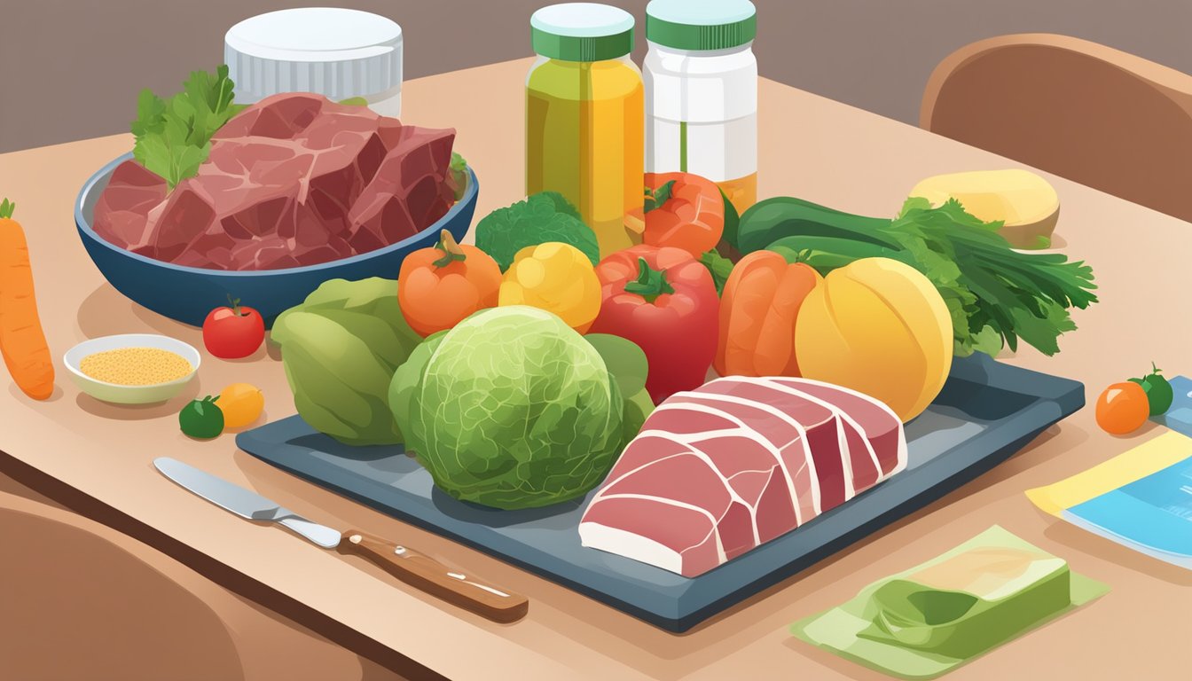 A table with various fruits, vegetables, and supplements arranged next to a plate of raw meat. A nutrition chart and blood test results are displayed on the wall