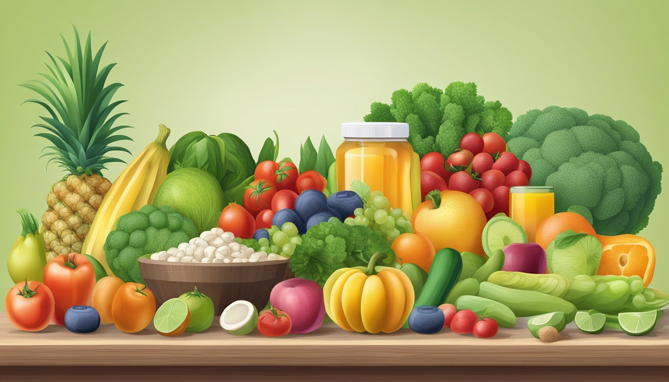 A variety of fresh fruits and vegetables, along with a selection of vitamin supplements, arranged on a table