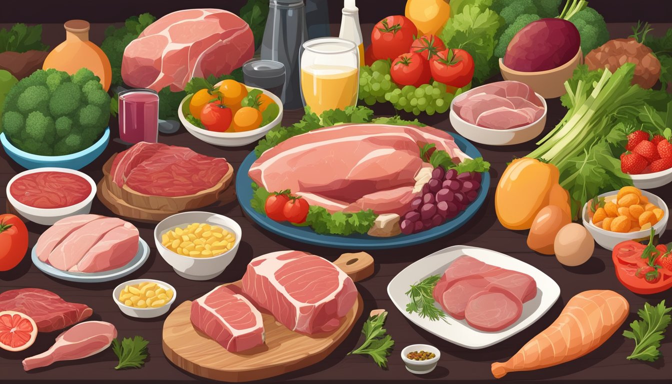 A table with various types of meat, fish, eggs, and organ meats, surrounded by colorful fruits and vegetables, with a bottle of vitamins in the center