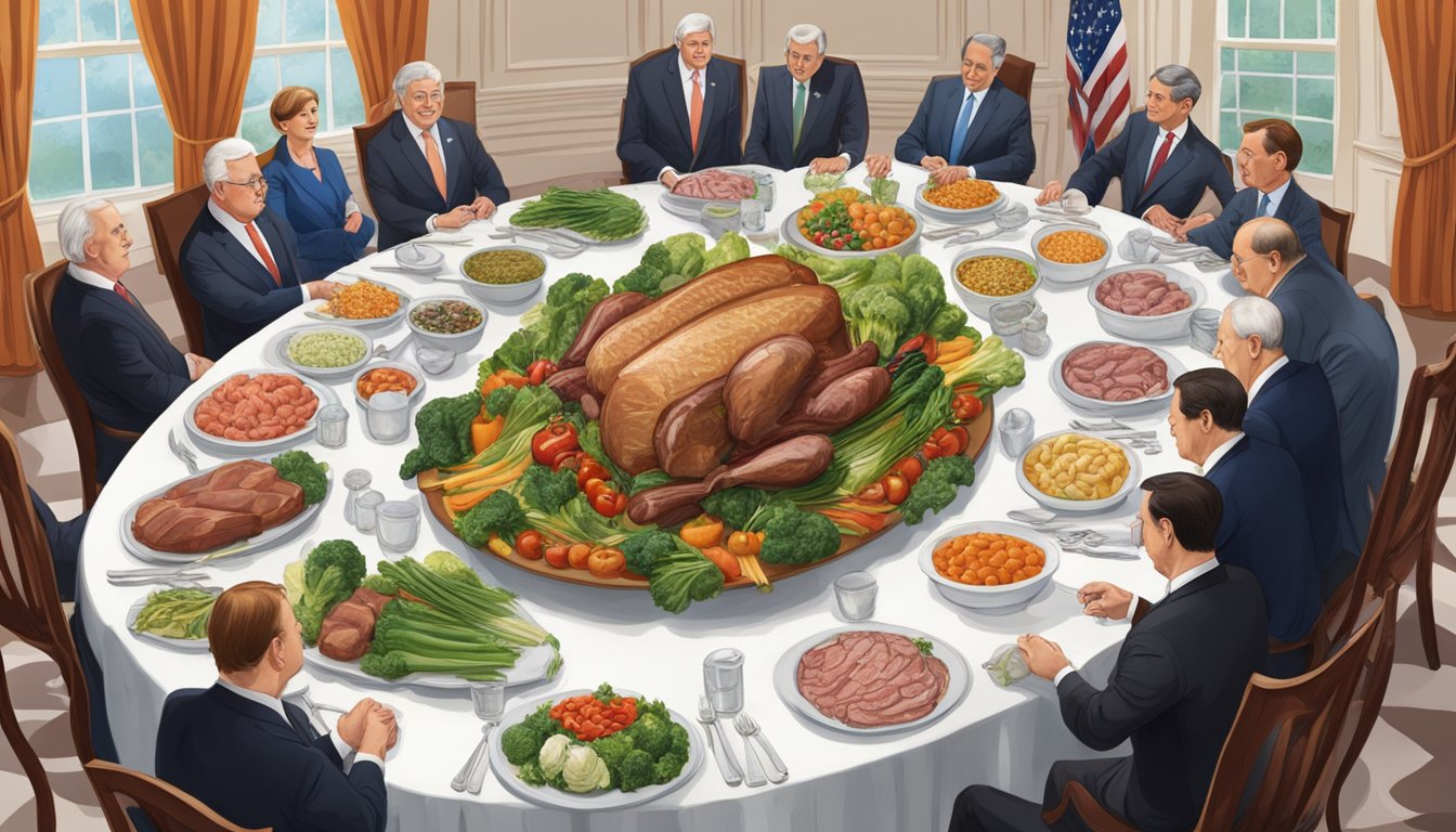 A large table set with plates of meat and vegetables, surrounded by officials at the White House