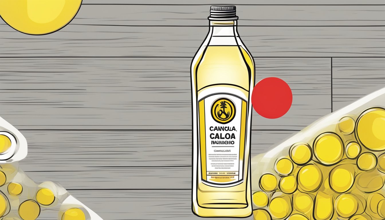 A bottle of canola oil with a red circle and line through it, representing the World Health Organization's stance against the use of canola oil