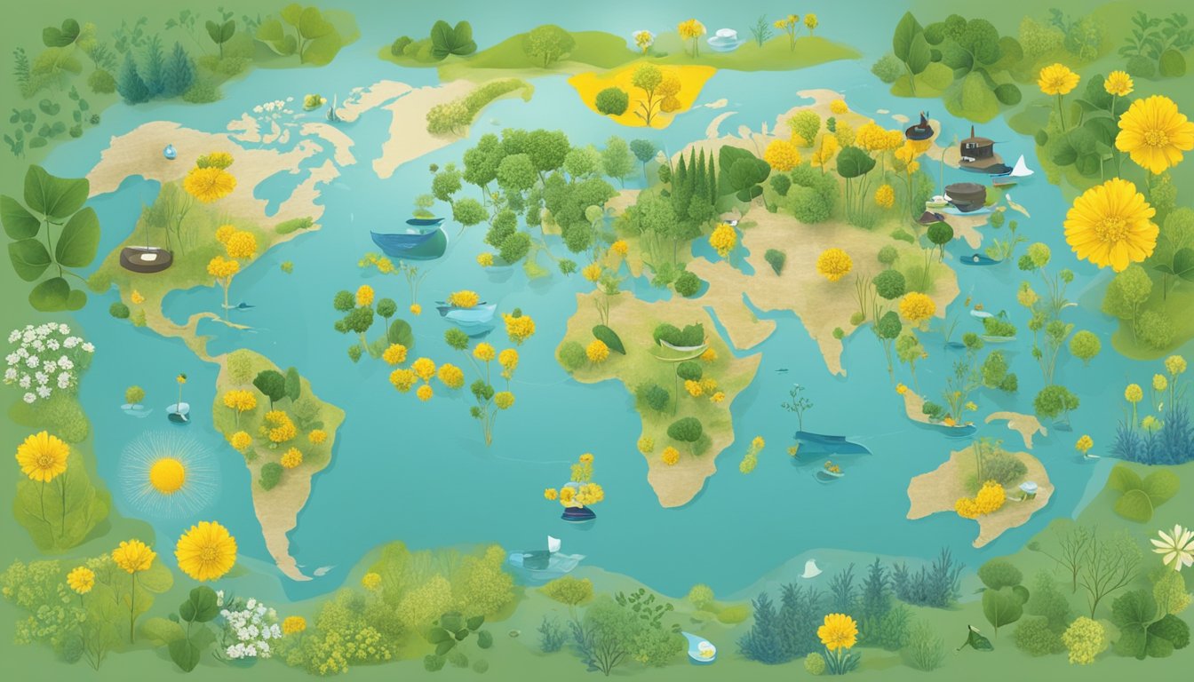 A world map with a prominent image of a canola plant, surrounded by the logos of various health organizations