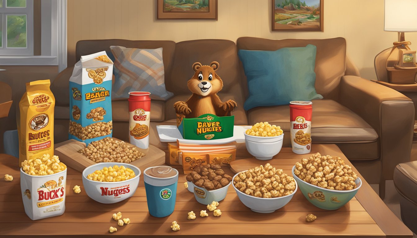 A cozy movie night scene with Buc-ee's Beaver Nuggets, popcorn, and other snacks spread out on a coffee table