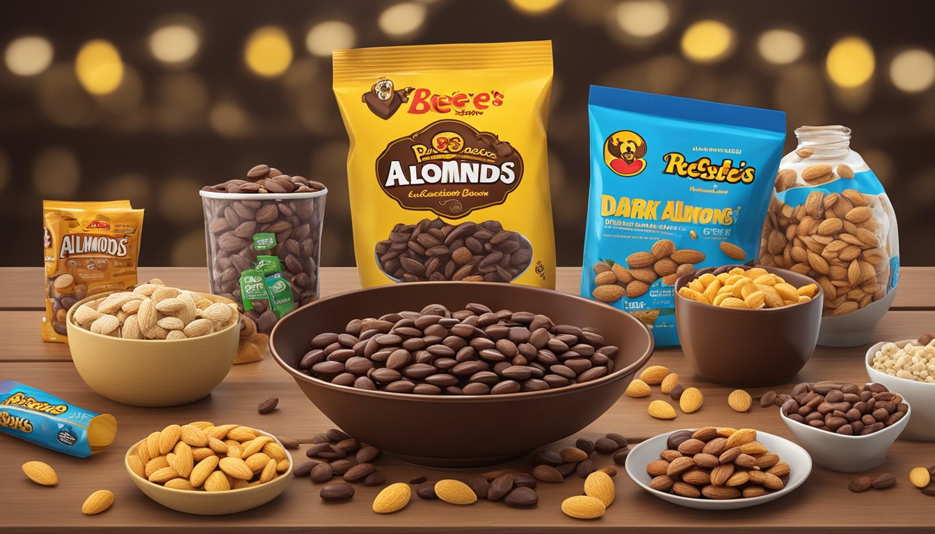 A bowl of dark chocolate almonds surrounded by 12 Buc-ee's products on a table, with a cozy movie night setup in the background