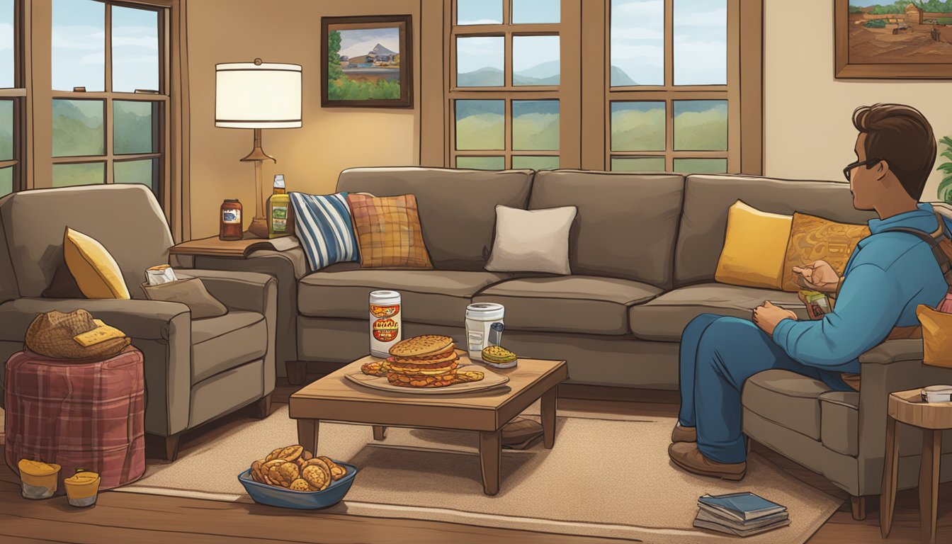 A cozy living room with a table spread with various Buc-ee's products, including Hill Country Sausage, ready for a movie night