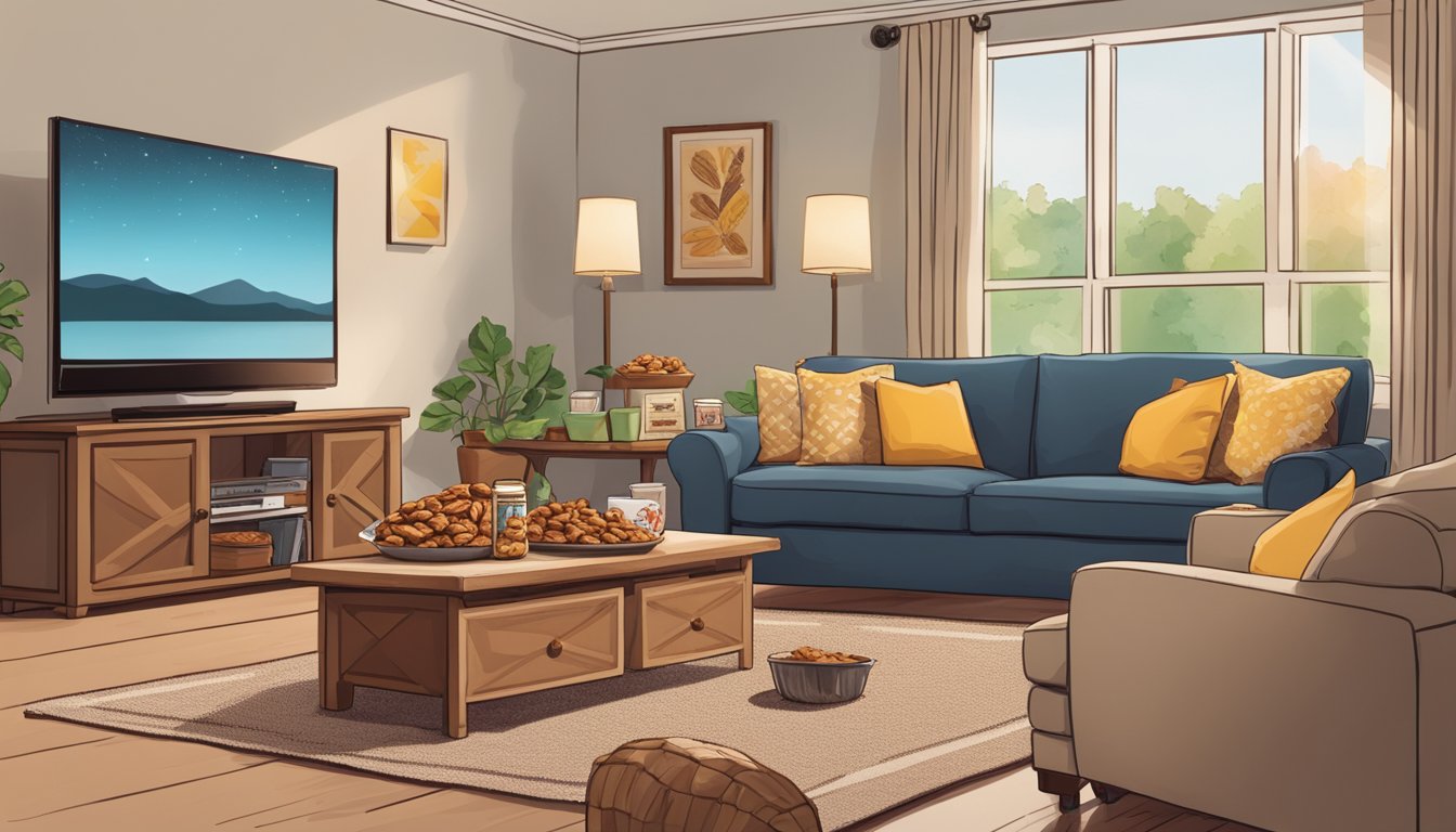 A cozy living room with a big screen TV, a bowl of praline pecans, and various Buc-ee's snacks scattered around, perfect for a movie night