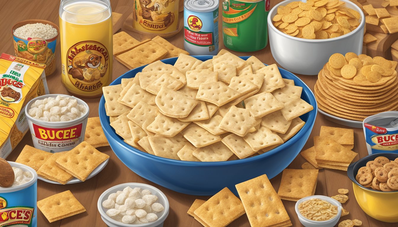 A bowl of Buc-ee's Saltine Crackers surrounded by 12 other Buc-ee's products, perfect for a movie night