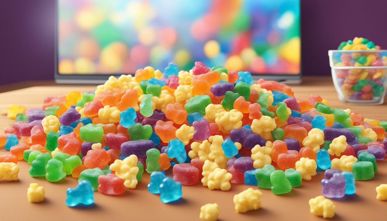 A colorful array of gummy bears, popcorn, and other snacks arranged on a table, with a movie playing on a screen in the background