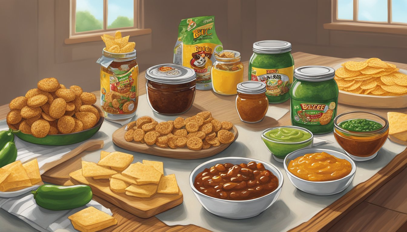 A table spread with a variety of Buc-ee's products, including Sweet & Spicy Jalapeño Jam, ready for a movie night