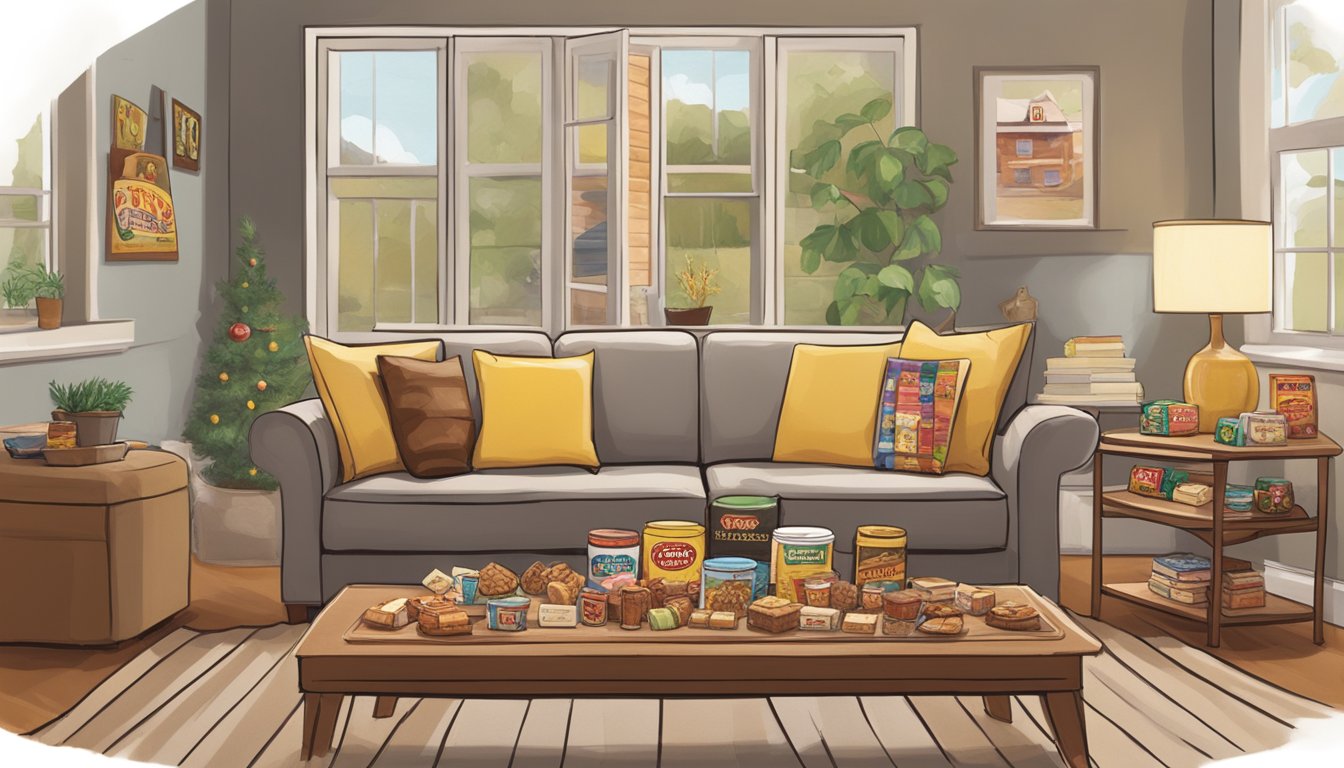 A cozy living room with a coffee table filled with a variety of fudge assortments and Buc-ee's products, ready for a movie night