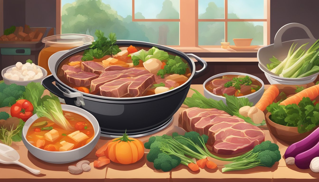 A simmering pot of rich, meaty broth with chunks of bone and tender cuts of meat, surrounded by a variety of fresh, vibrant vegetables left untouched on the counter