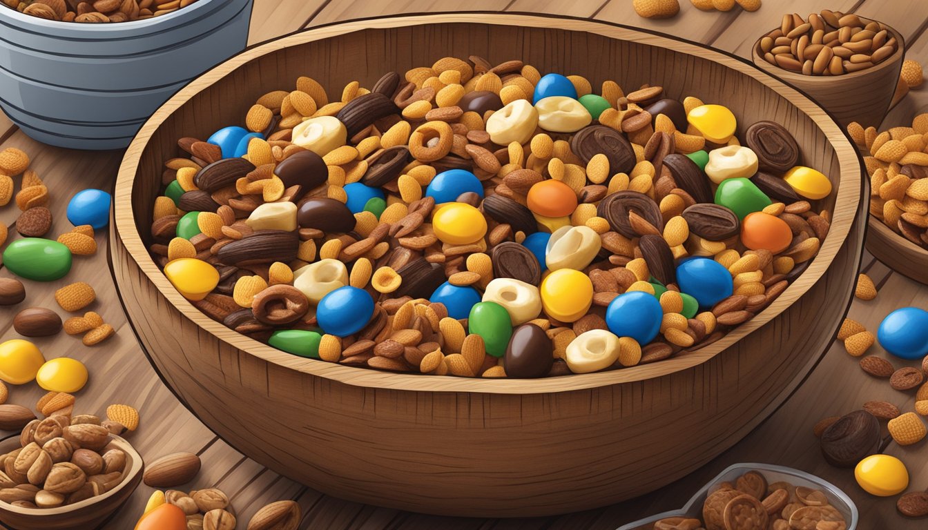 A rustic wooden bowl overflowing with an assortment of Buc-ee's Cowboy Trail Mix and other movie night snacks