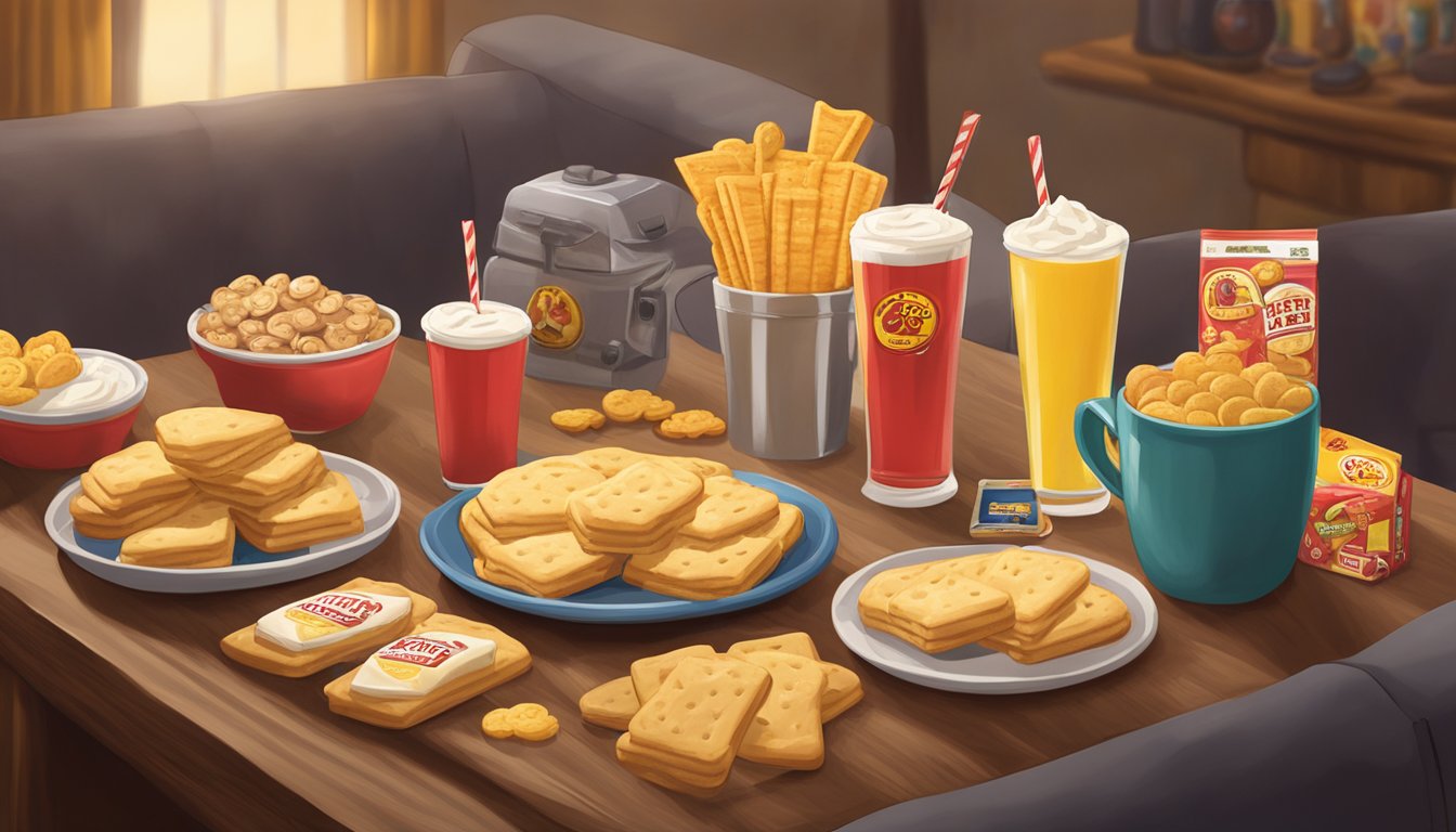 A cozy movie night setup with a plate of buttery shortbread cookies surrounded by 12 Buc-ee's products, including snacks and drinks