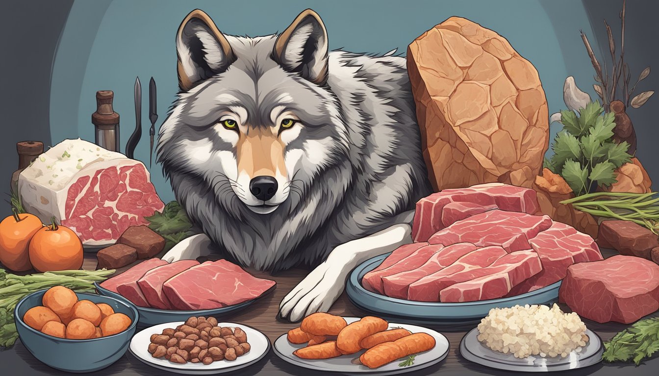 A wolf surrounded by various types of raw meat, with a clear distinction between fasting and feasting