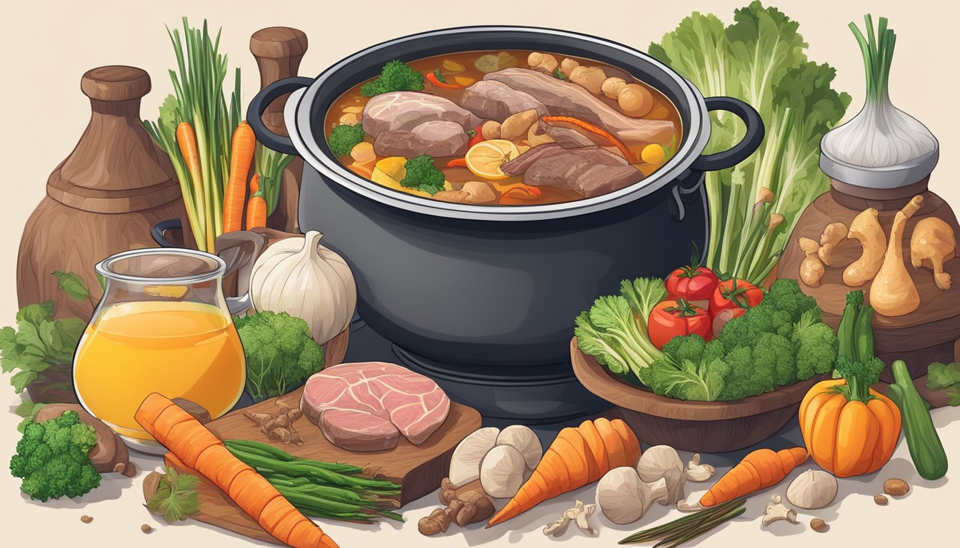 A boiling pot of broth with a variety of meat and bones, surrounded by a pile of colorful, untouched vegetables