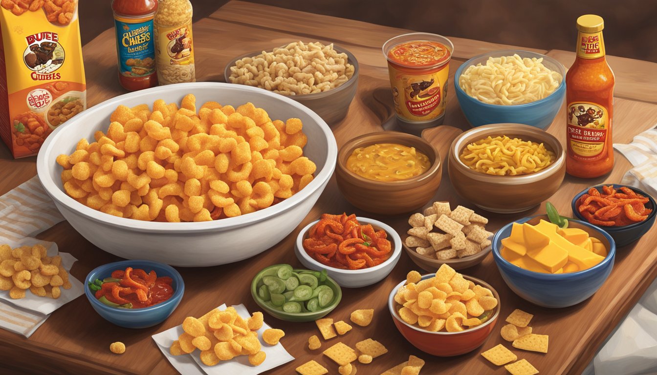 A bowl of hot and spicy cheese curls surrounded by various Buc-ee's products, set on a cozy movie night table