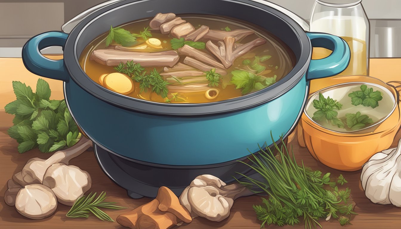 A simmering pot of broth with only meat bones and herbs, no vegetables in sight