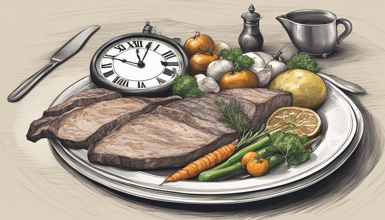 A plate of assorted meats and vegetables, with a clock in the background showing the passage of time