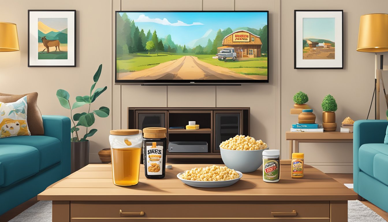 A cozy living room with a big screen TV, a bowl of popcorn, and a spread of Buc-ee's Cinnamon Honey Butter products on a coffee table