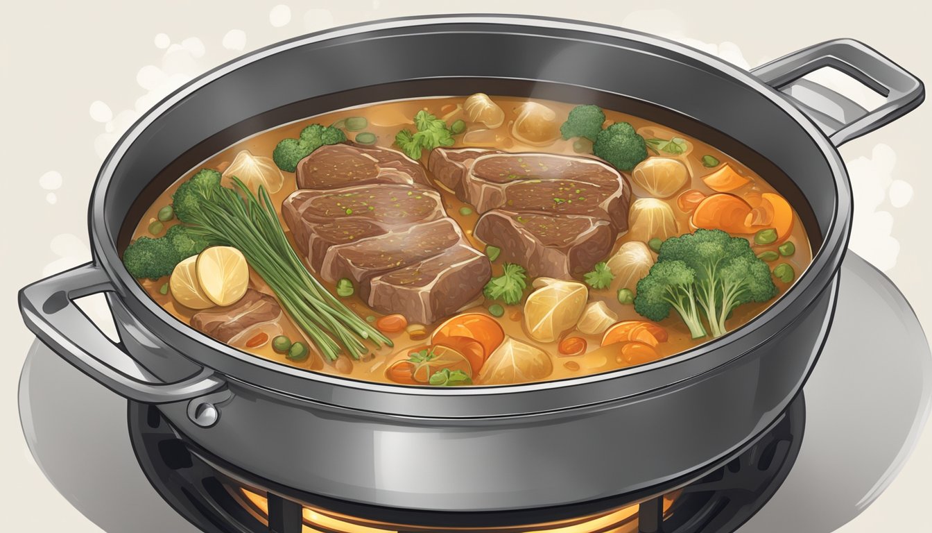 A simmering pot of rich, meat-based broth bubbles on a stovetop, filled with hearty bones and savory aromatics, omitting any trace of vegetables