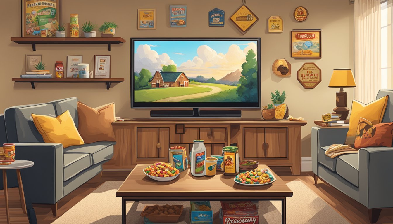 A cozy living room with a big screen TV and a variety of Buc-ee's snacks laid out on a coffee table, each one paired with a different movie genre