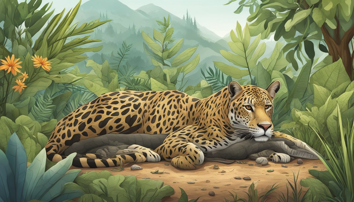 A carnivorous animal peacefully resting in a natural setting, surrounded by a variety of prey and vegetation, illustrating the benefits of the carnivore diet and fasting