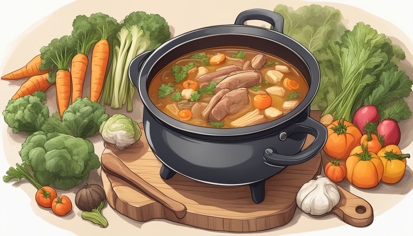 A simmering pot of rich, meaty broth with chunks of bone and sinew, surrounded by an array of vibrant, untouched vegetables