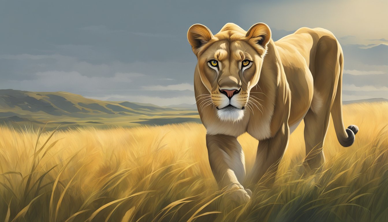 A lioness confidently prowls through the grasslands, her powerful muscles rippling beneath her golden fur. She gazes out with sharp eyes, exuding strength and vitality