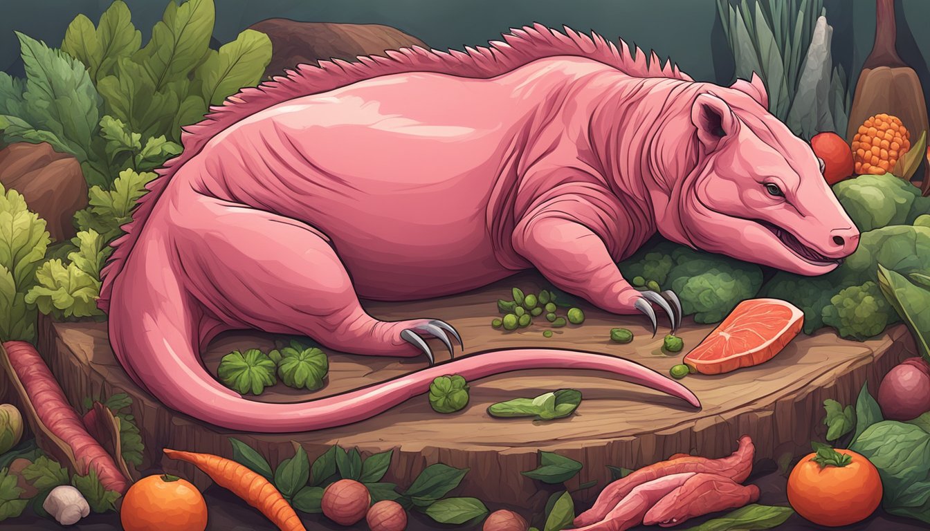 A carnivorous animal calmly resting in a peaceful natural setting, surrounded by an array of fresh and raw meat