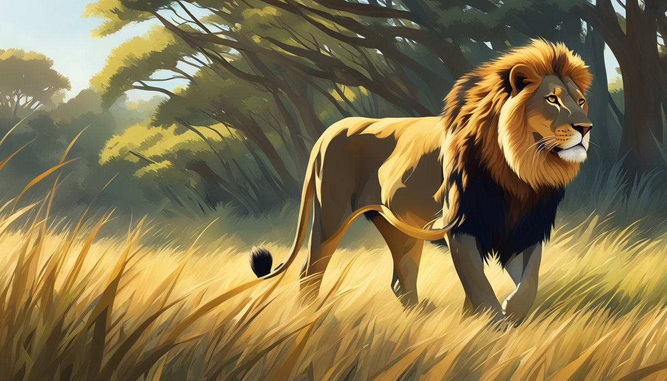 A lion confidently prowls through a lush savanna, its powerful muscles rippling as it hunts for prey. The sun beats down on the landscape, casting long shadows across the grass