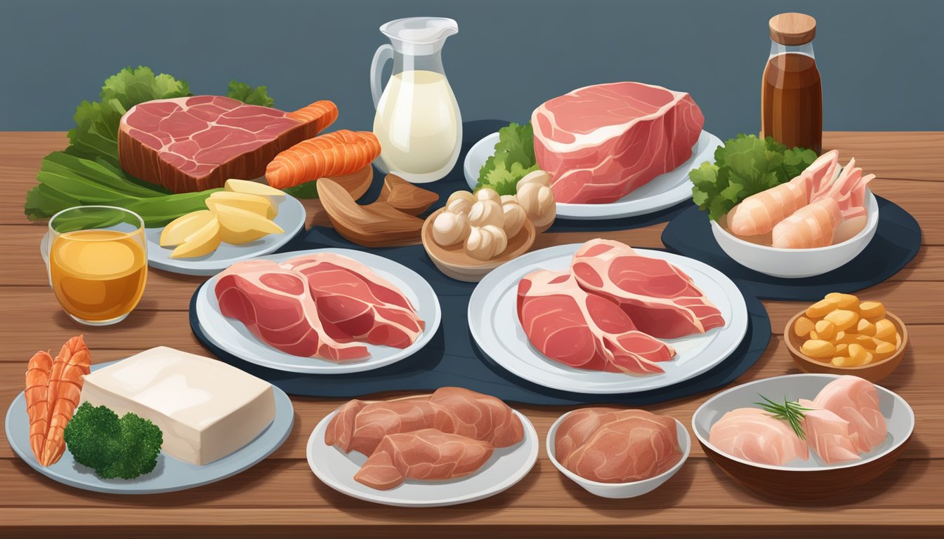 A variety of zinc-rich foods like red meat, shellfish, and dairy arranged on a wooden table