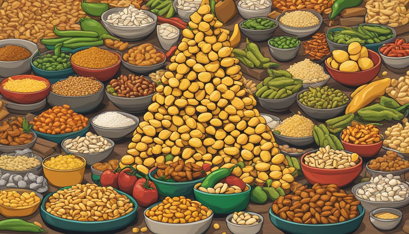 A pile of hot jalapeño peanuts arranged in a pyramid, surrounded by various other snacks, with a bold "20 Buc-ee's Snacks Ranked by Spiciness" title above