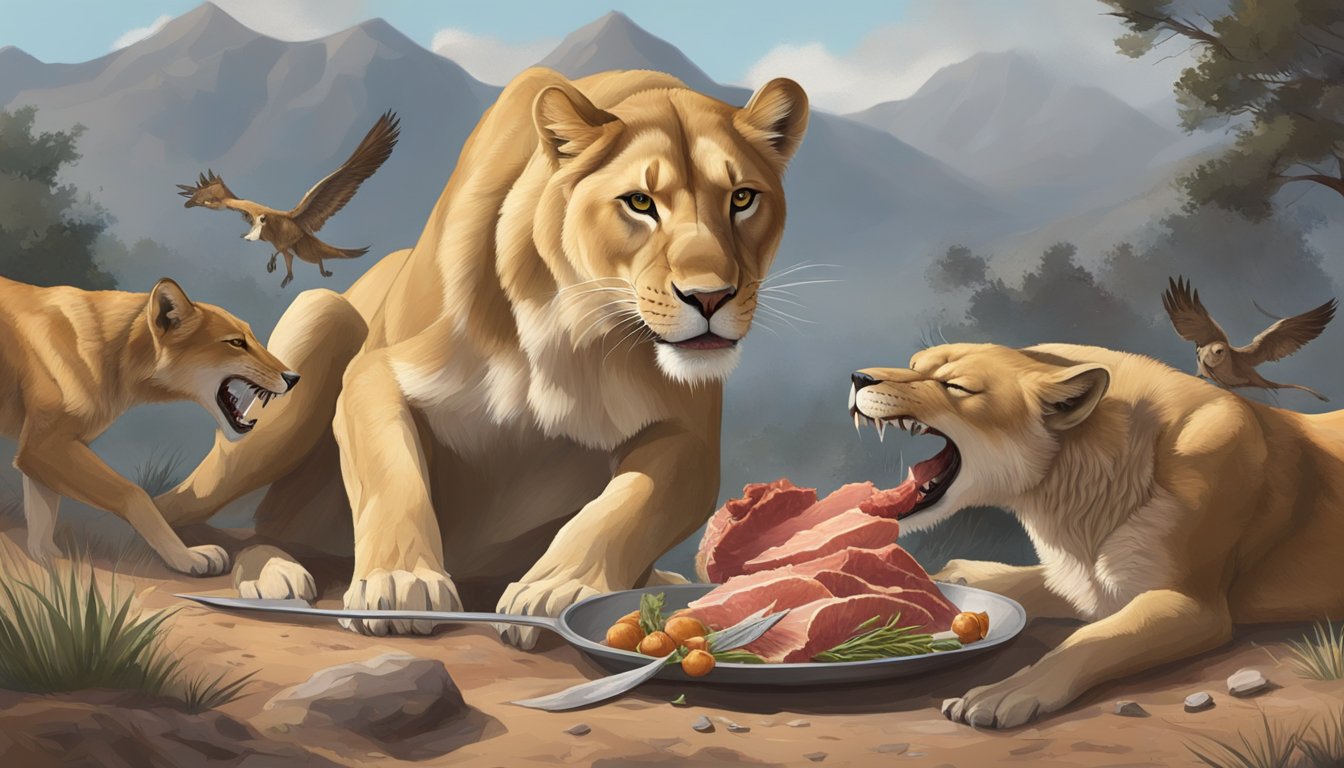 A lioness feasting on a fresh kill, her powerful jaws tearing into the meat, rich in zinc. Nearby, a pack of wolves also consuming their share of the nutrient-rich prey