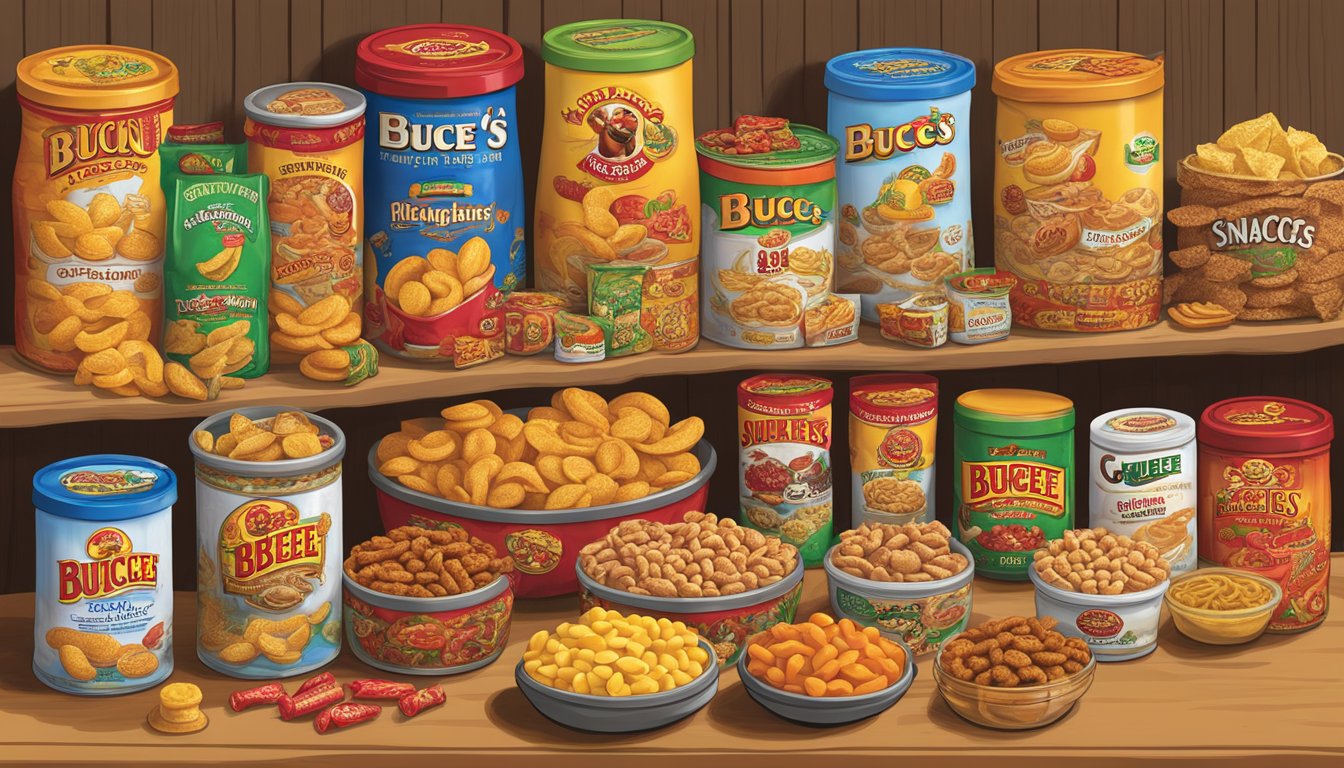 A vibrant mix of Cajun snack items arranged in a visually appealing display, showcasing the variety of spicy Buc-ee's snacks