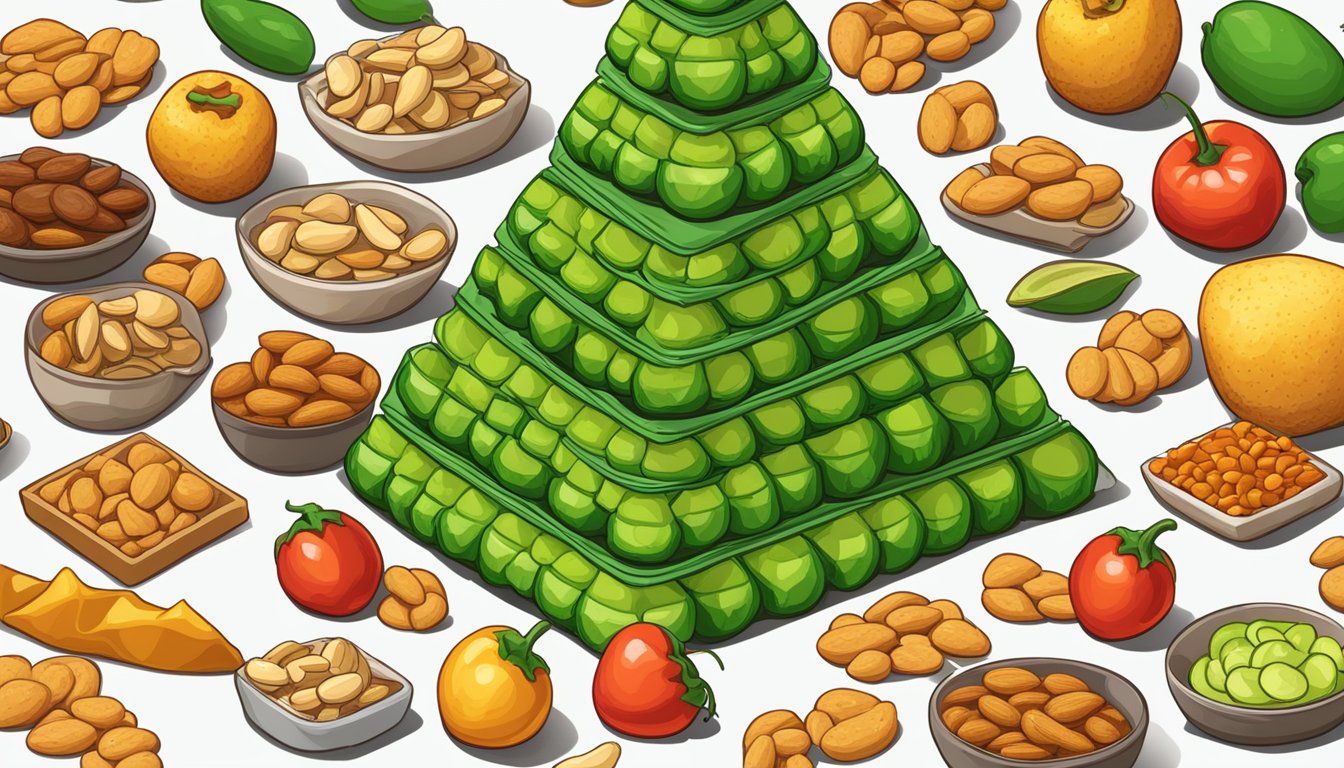 A pile of chili lime almonds arranged in a pyramid, surrounded by various other snack items