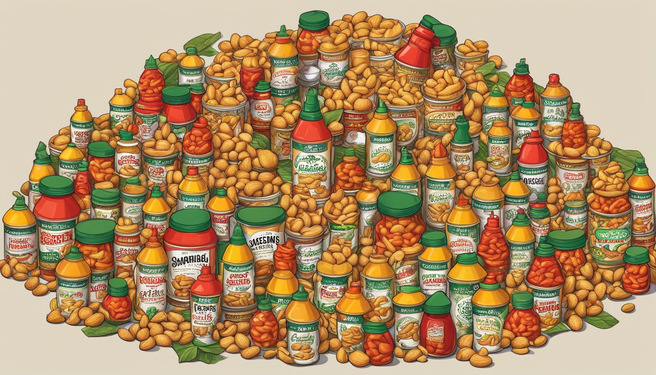 A pile of Sriracha cashews arranged in a pyramid, with 20 other Buc-ee's snack packages scattered around, ranked by spiciness