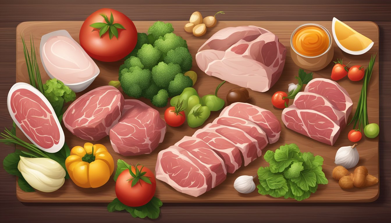 A variety of zinc-rich animal products, such as beef, pork, and poultry, surrounded by fresh vegetables and fruits on a wooden cutting board