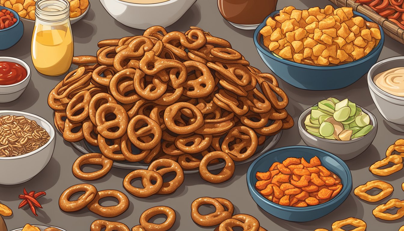 A pile of buffalo ranch pretzels surrounded by a variety of spicy snacks