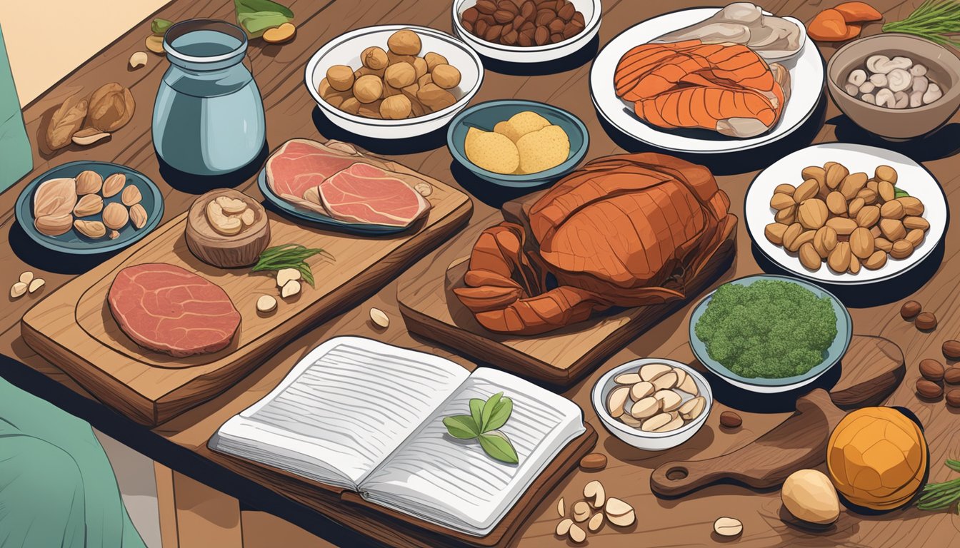 A variety of zinc-rich foods like red meat, shellfish, and nuts arranged on a wooden cutting board with a nutritionist's guidance book open nearby