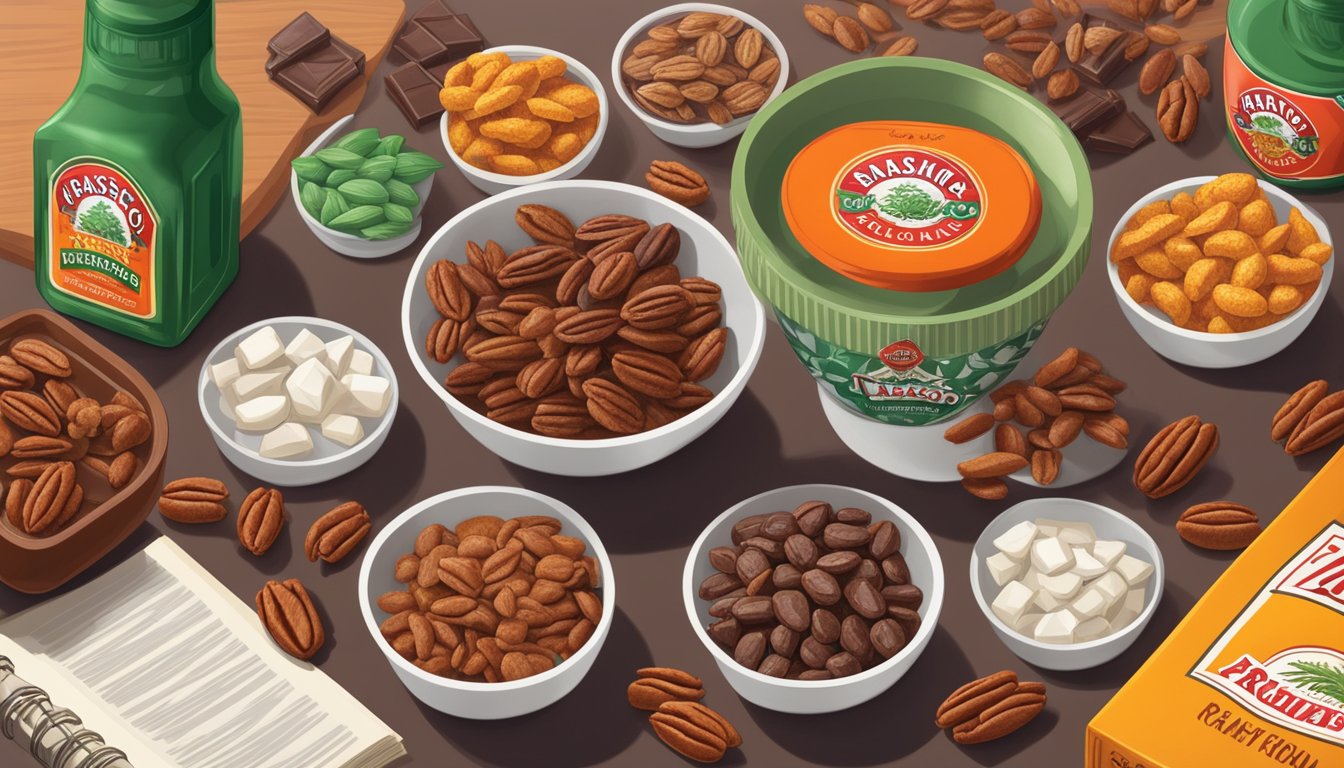 A bowl of Tabasco chocolate pecans surrounded by other snacks, with a ranking list of spiciness in the background