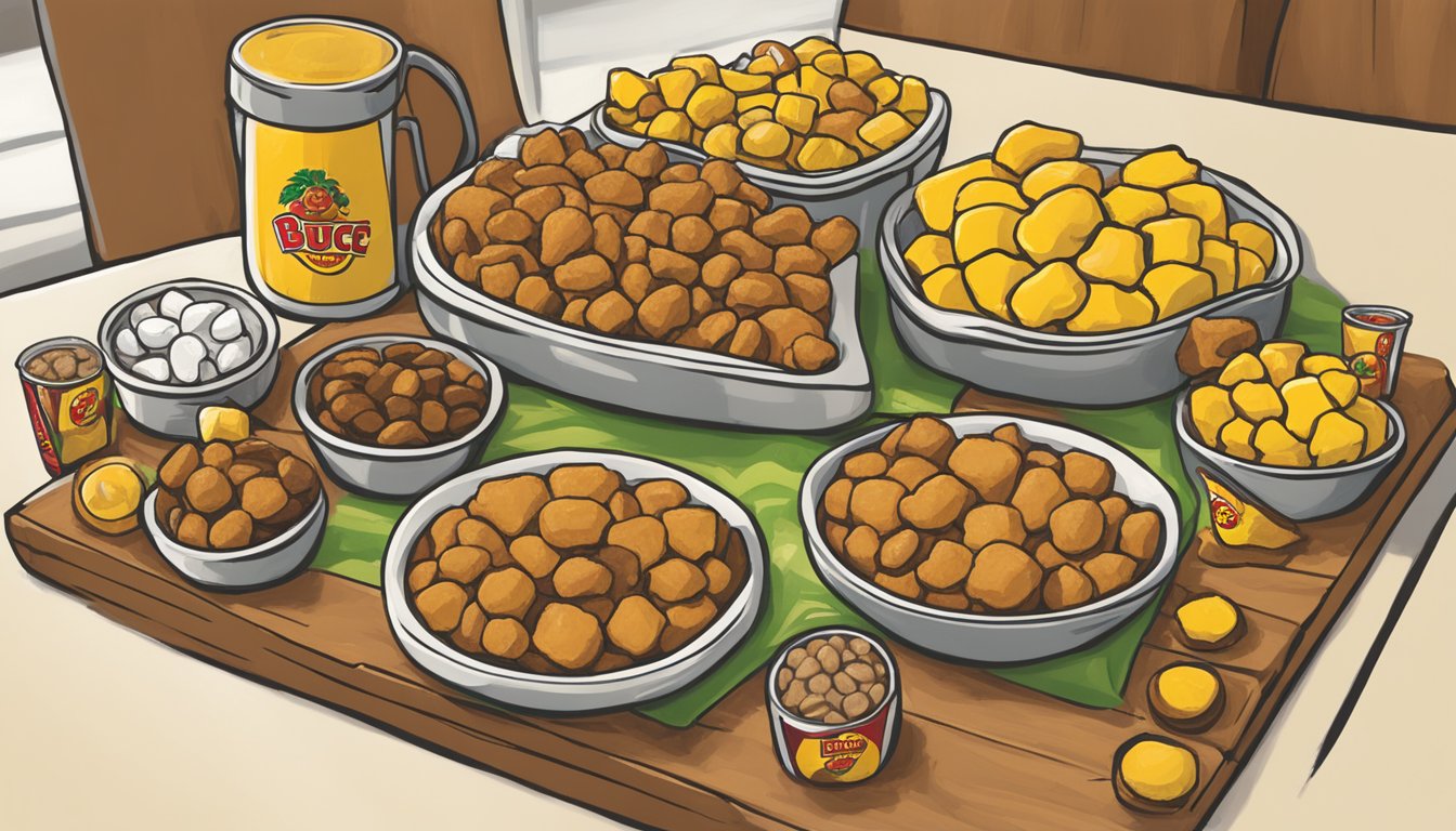 A colorful display of Buc-ee's Beaver Nuggets, along with other Buc-ee's items, arranged neatly on a table, ready to be given as hostess gifts