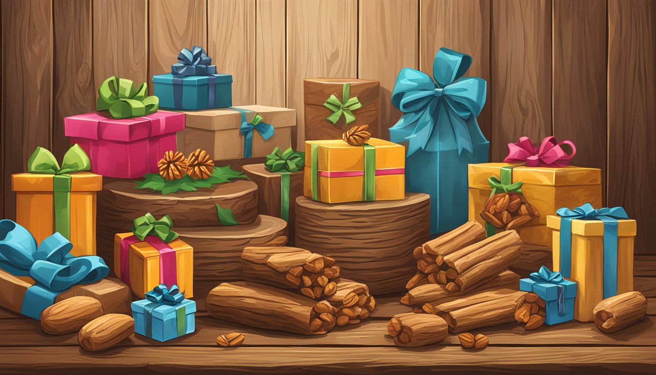 A display of Buc-ee's Pecan Logs and other gift items arranged on a rustic wooden table with a festive background