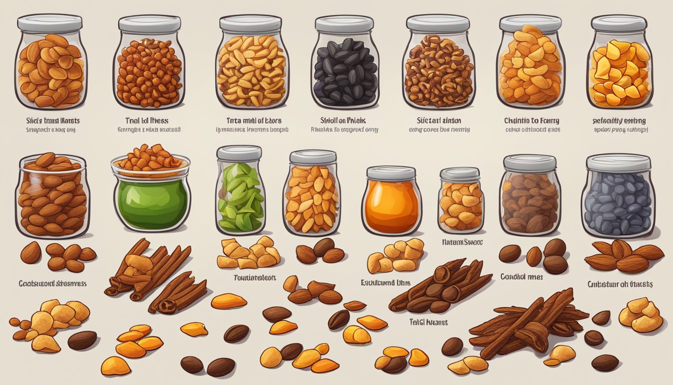 A variety of spicy trail mix snacks arranged in a ranking order from mild to extremely hot