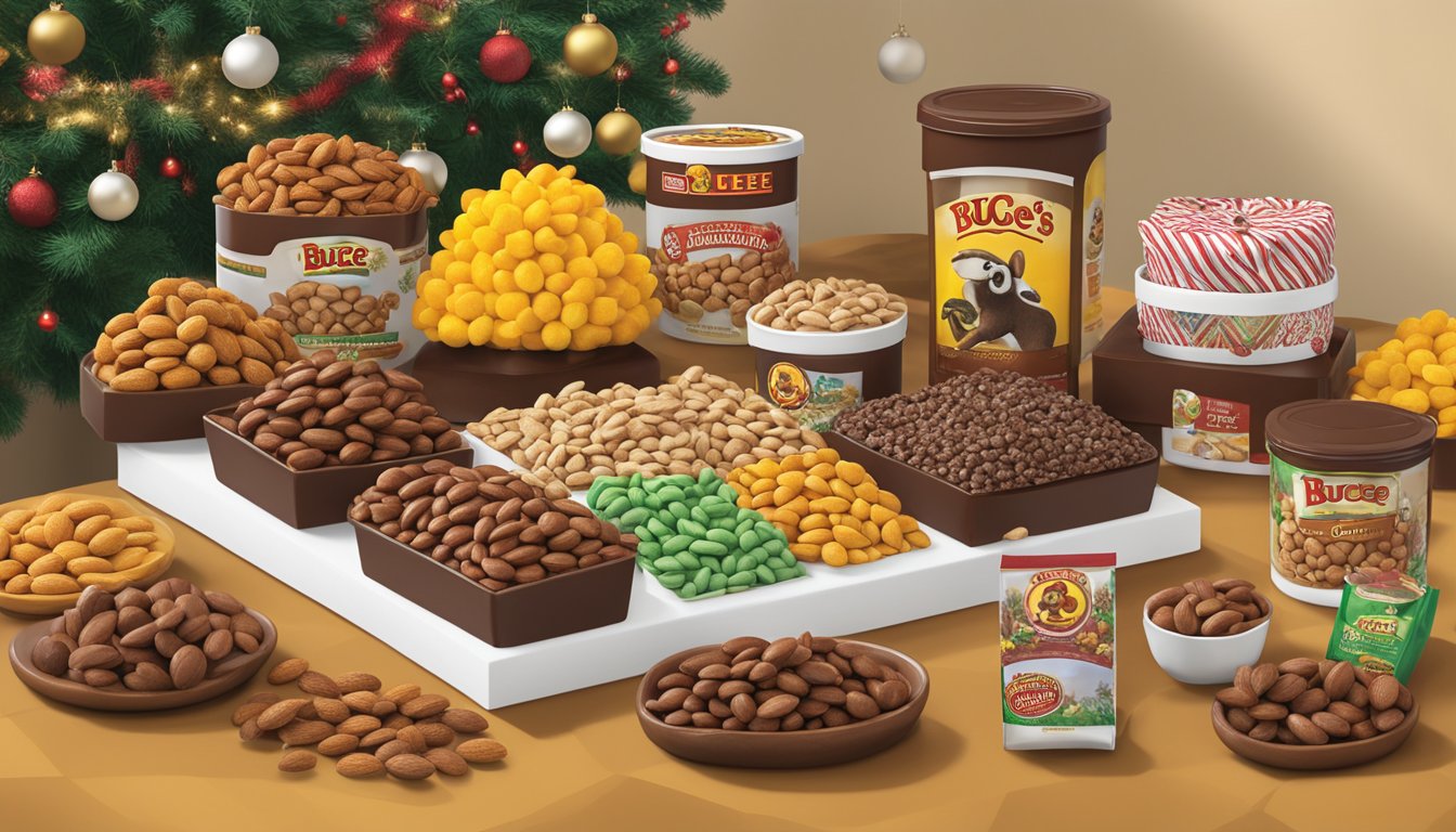 A display of Buc-ee's Chocolate Covered Almonds among other items, arranged neatly on a table, with a festive backdrop