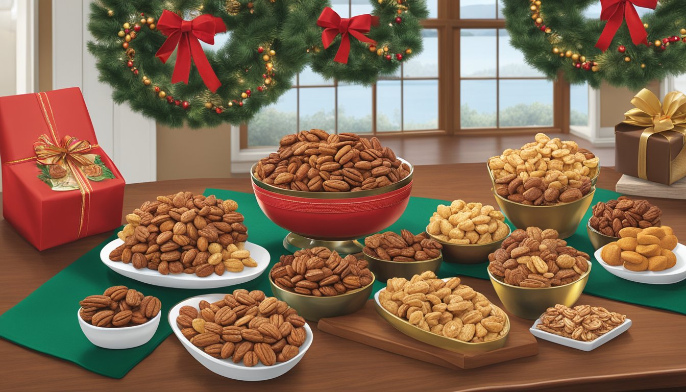 A display of Buc-ee's Maple Praline Pecans and other hostess gifts arranged on a table with festive decor