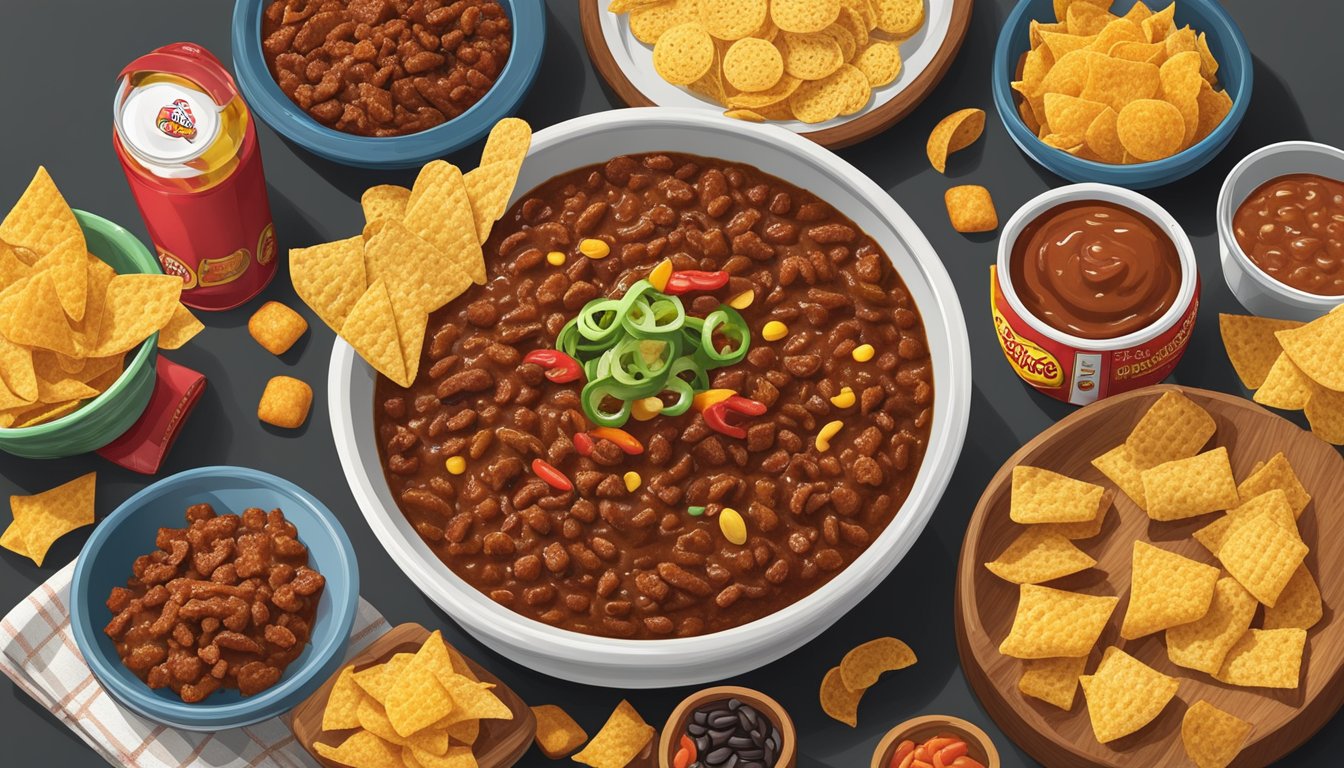 A bowl of chili con carne topped with Fritos, surrounded by a variety of Buc-ee's snacks ranked by spiciness