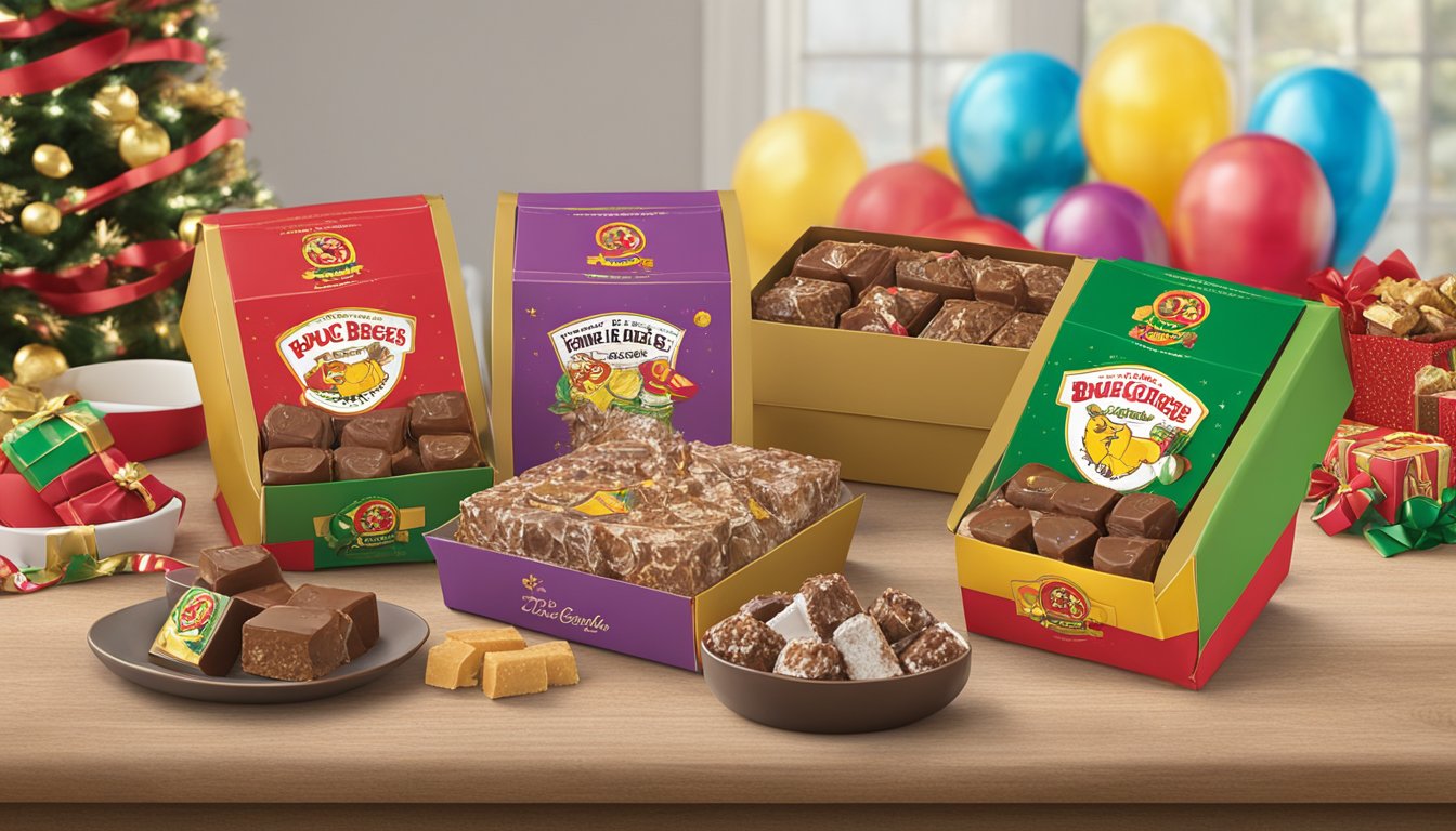 A trio of Buc-ee's fudge boxes arranged with other hostess gifts on a festive table