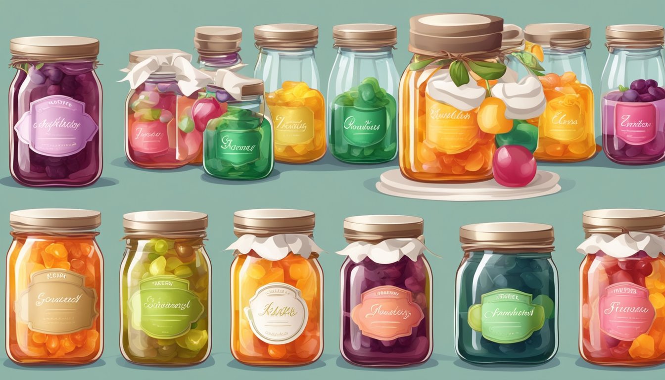 A table set with a variety of colorful jars of gourmet jelly, arranged neatly with decorative labels and lids