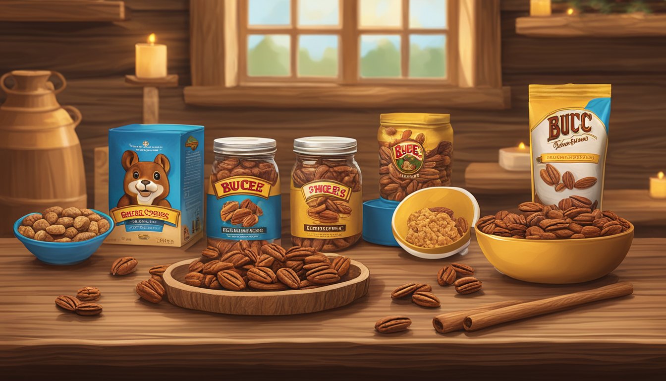 A display of Buc-ee's Cinnamon Glazed Pecans and other gift items arranged on a rustic wooden table with warm lighting