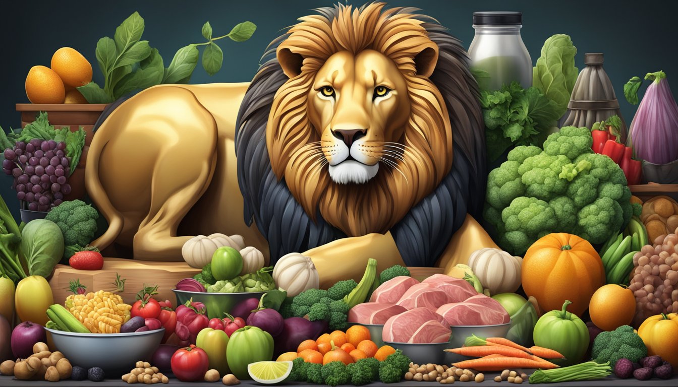 A lion with a shiny coat, surrounded by a variety of meats and bones. A pile of fresh fruits and vegetables sits nearby, with a prominent zinc supplement placed in the center